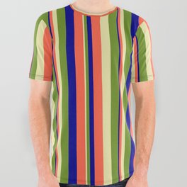 [ Thumbnail: Pale Goldenrod, Green, Dark Blue & Red Colored Stripes/Lines Pattern All Over Graphic Tee ]
