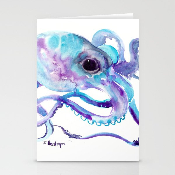 Octopus, Turquoise Blue purple art, Sky blue, Turquoise beach house design Stationery Cards