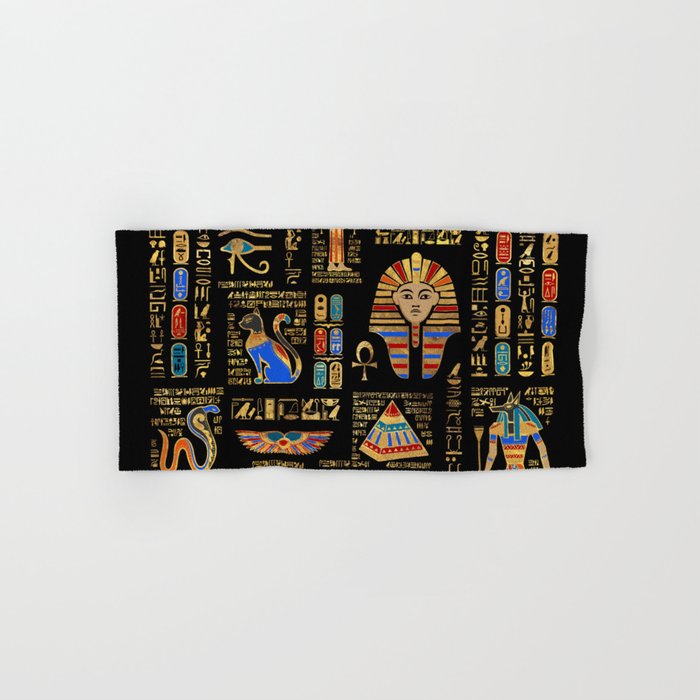 Egyptian hieroglyphs and deities on black Hand & Bath Towel