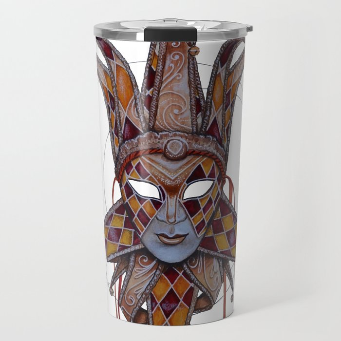 Male Venetian Jester Mask | Watercolor and Colored Pencil  Travel Mug