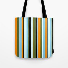[ Thumbnail: Eyecatching Dark Olive Green, Dark Orange, Sky Blue, Light Cyan & Black Colored Lines Pattern Tote Bag ]
