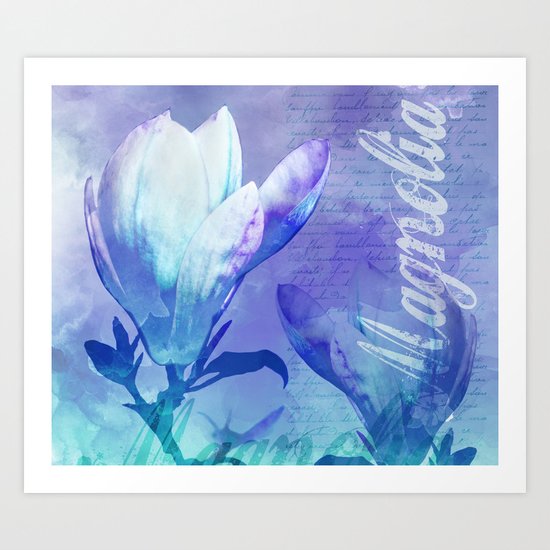 Blue Purple Magnolia mixed media typography illustration Art Print