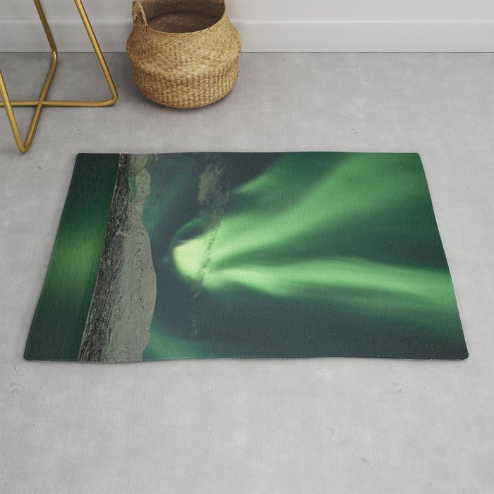 Northern Lights in the Lyngen Alps | Aurora Borealis Show in Norway Art Print | Mountain Travel Photography Rug
