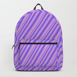 [ Thumbnail: Medium Slate Blue and Plum Colored Lined Pattern Backpack ]