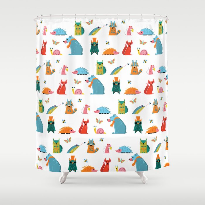 Scandinavian Woodland Animals Pattern Print Shower Curtain By