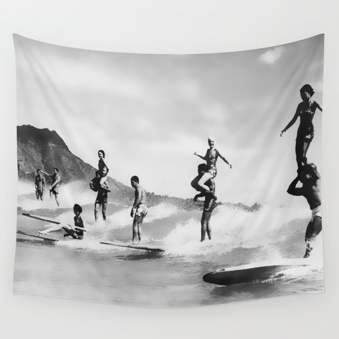 Vintage Surfing in Hawaii Wall Tapestry