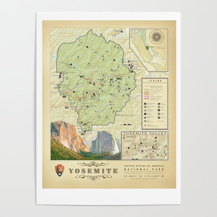 Yosemite National Park Map Yosemite National Park Map {Color Version} Print Poster By Kokua Design  Company | Society6