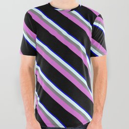 [ Thumbnail: Eyecatching Blue, Light Cyan, Gray, Orchid & Black Colored Lines Pattern All Over Graphic Tee ]