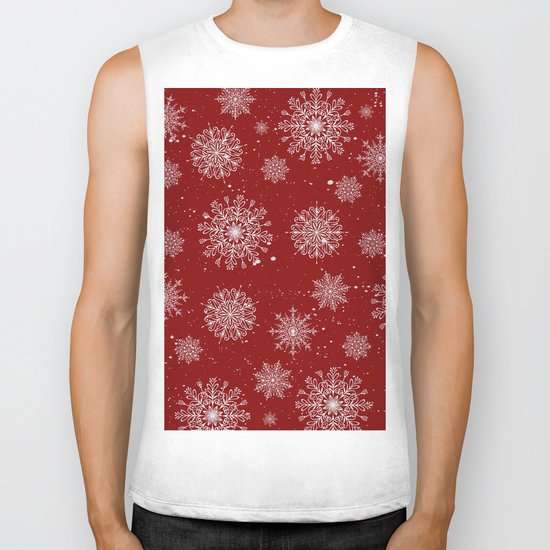 Assorted White Snowflakes On Red Background Biker Tank