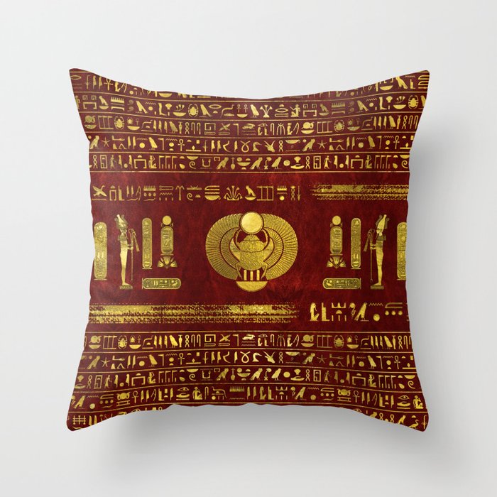 Golden Egyptian Scarab on red leather Throw Pillow