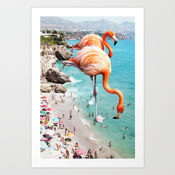 Flamingos on the Beach, Wildlife Surrealism Birds, Nature Flamingo Fantasy Beach Summer Photography Art Print