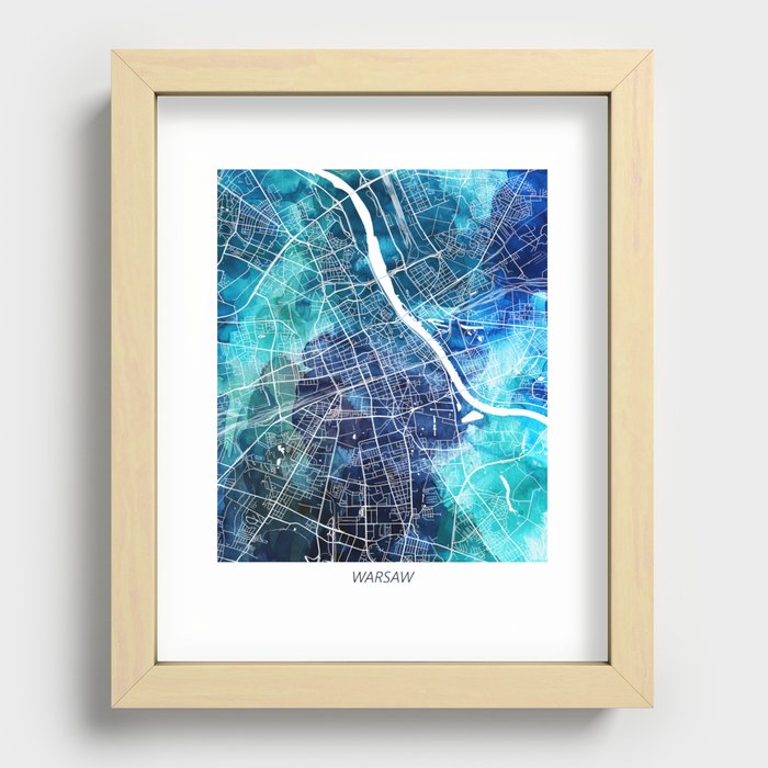 Warsaw Poland Map Navy Blue Turquoise Watercolor City Map Recessed Framed Print