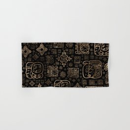 Mayan glyphs and ornaments pattern -gold on black Hand & Bath Towel