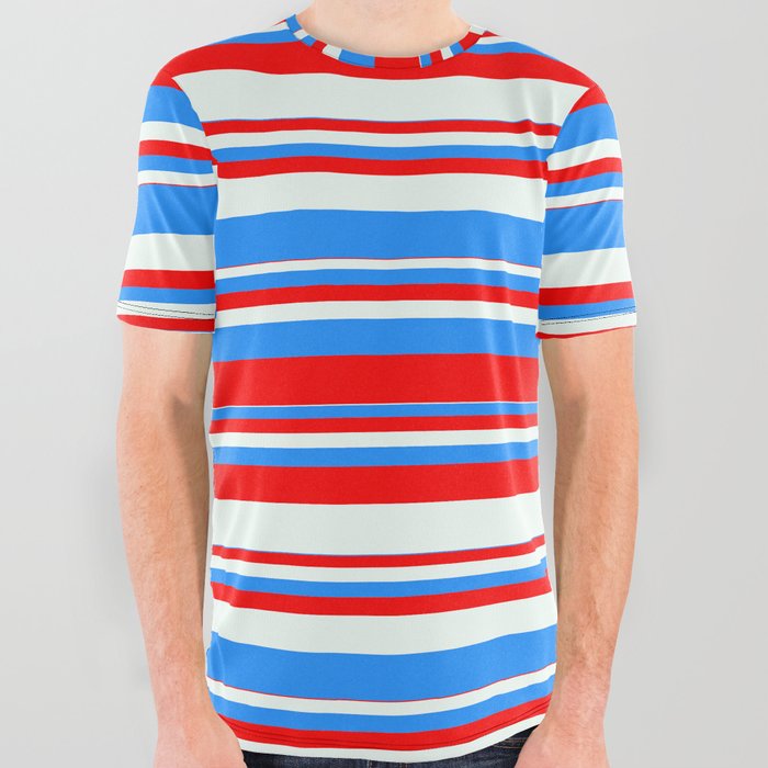 Blue, Red & Mint Cream Colored Stripes Pattern All Over Graphic Tee