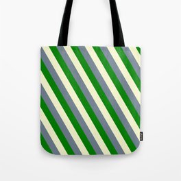 [ Thumbnail: Light Yellow, Slate Gray, and Green Colored Lined Pattern Tote Bag ]