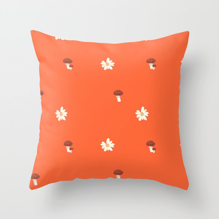 Daisy and Mushrooms Neon Red Throw Pillow