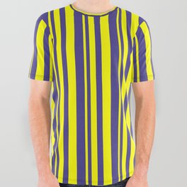 [ Thumbnail: Yellow and Dark Slate Blue Colored Striped Pattern All Over Graphic Tee ]