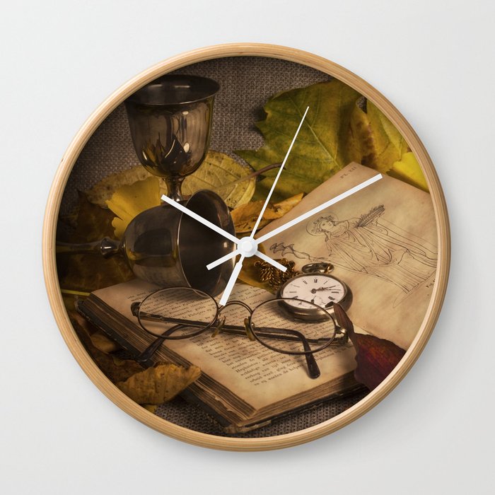 Memories In Autumn Old Book Glasses And Watch Still Life Wall Clock By Gunadesign Society6