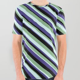 [ Thumbnail: Dark Sea Green, Light Cyan, Dark Slate Blue, and Black Colored Pattern of Stripes All Over Graphic Tee ]