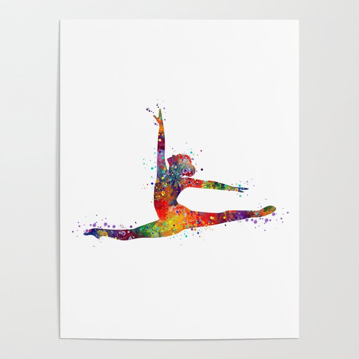 Girl Gymnastics Straddle Jump Watercolor Sport Poster