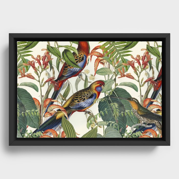 Jungle Birds Tropical Paradise Botanical Vintage Illustration Framed Canvas