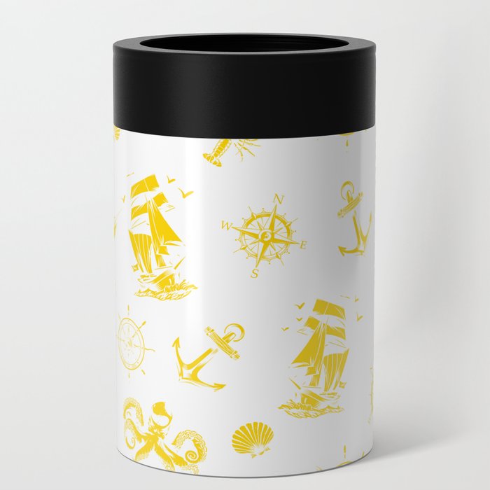 Yellow Silhouettes Of Vintage Nautical Pattern Can Cooler