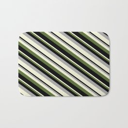 [ Thumbnail: Dark Grey, Beige, Dark Olive Green, and Black Colored Striped/Lined Pattern Bath Mat ]
