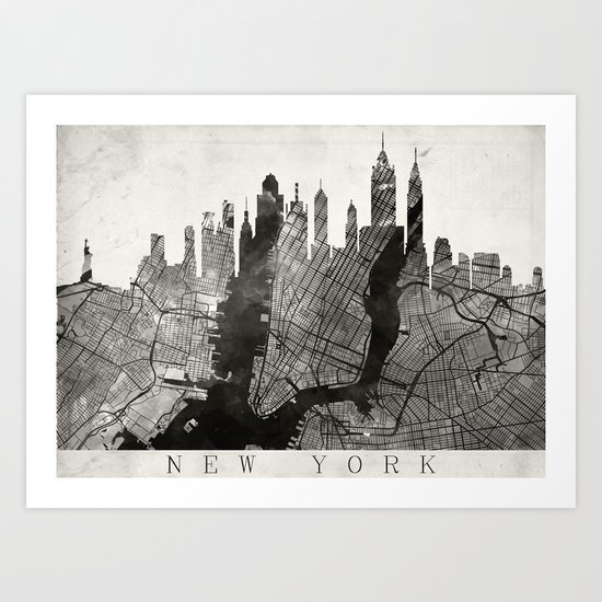 New York Skyline + Map #3 Art Print