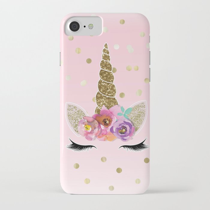 Floral Trendy Modern Unicorn Horn Gold Confetti iPhone Case