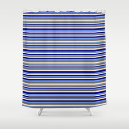[ Thumbnail: Beige, Dark Blue, Cornflower Blue, and Dim Gray Colored Stripes Pattern Shower Curtain ]