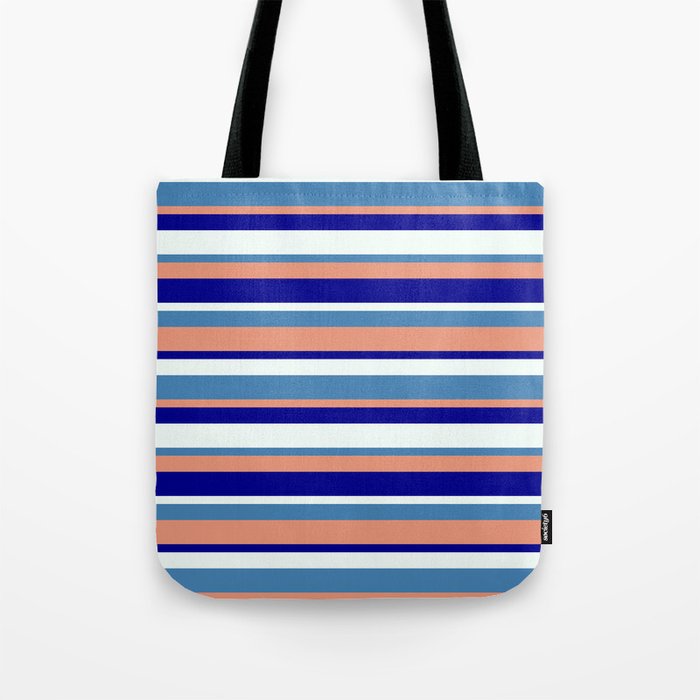 Blue, Dark Salmon, Dark Blue & Mint Cream Colored Stripes Pattern Tote Bag