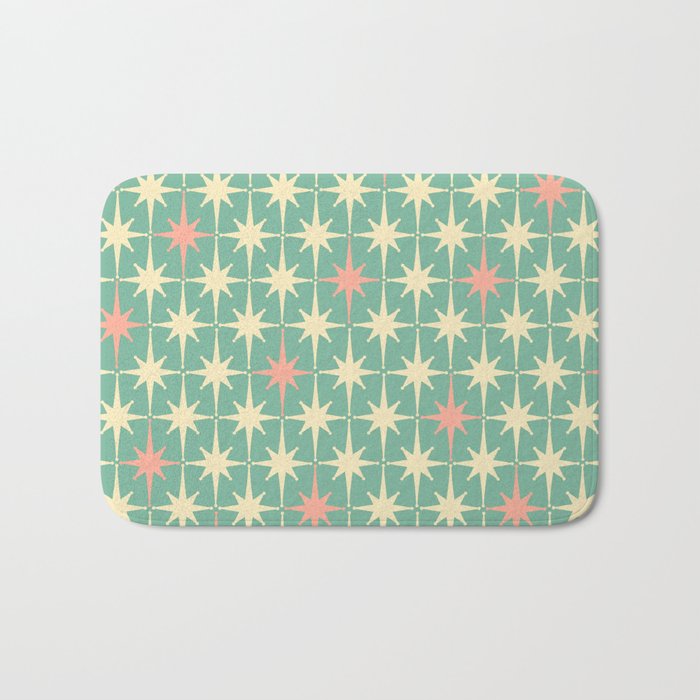 Retro Vintage 50s Stars Pattern in Teal Mint, Pink, and Cream Bath Mat
