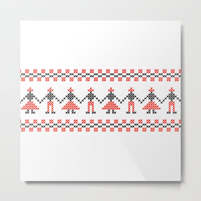 Traditional Hora people cross-stitch row white Metal Print