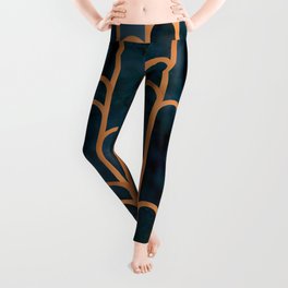 Art Deco Blue Teal Marble and Metallic Copper Marbled Pattern Leggings