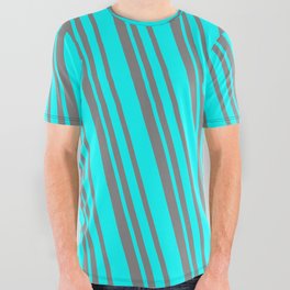 [ Thumbnail: Grey and Aqua Colored Lined/Striped Pattern All Over Graphic Tee ]