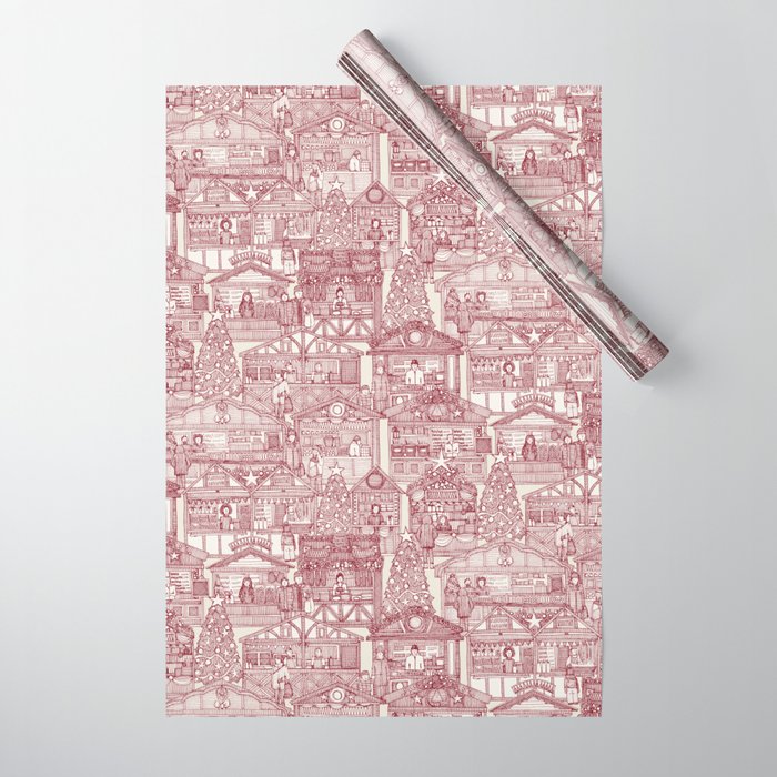 Christmas market toile red Wrapping Paper by Sharon Turner