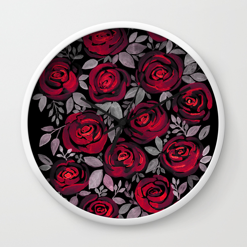 Watercolor Red Roses On Black Background Wall Clock By Fuzzyfox85