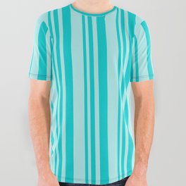 [ Thumbnail: Dark Turquoise and Turquoise Colored Lined/Striped Pattern All Over Graphic Tee ]