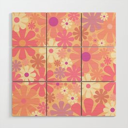 Retro 60s 70s Aesthetic Floral Pattern in Cheerful Pink Purple Wood Wall Art