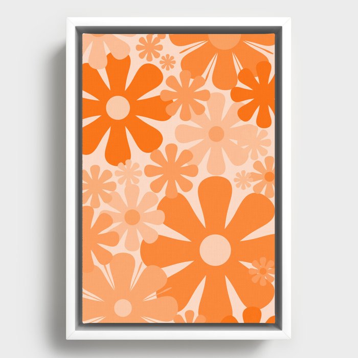 Retro 60s 70s Flowers - Vintage Style Floral Pattern Orange Framed Canvas