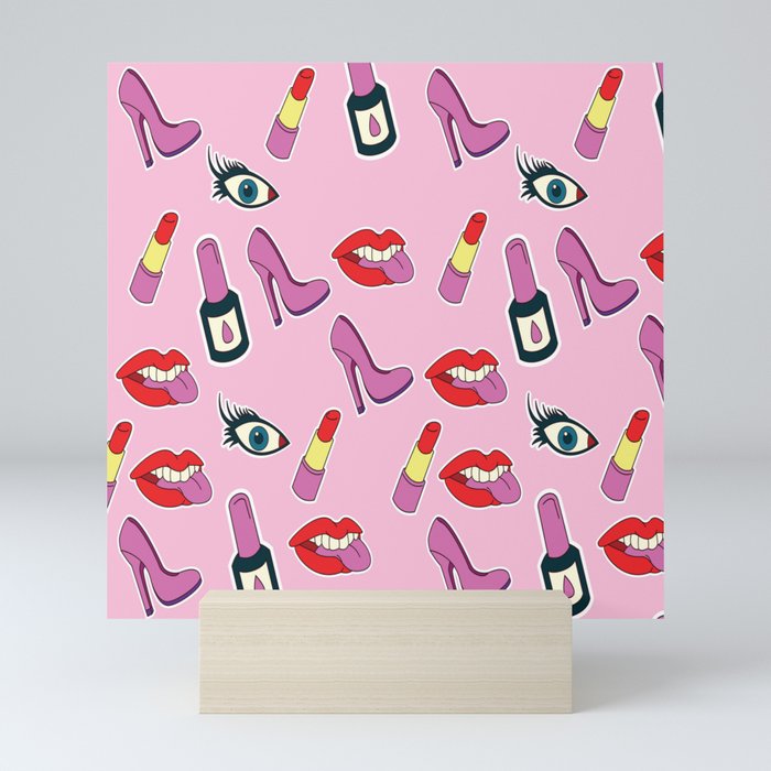 Modern pink red girly fashion make up pattern Mini Art Print