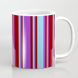 [ Thumbnail: Sky Blue, Dark Orchid, and Dark Red Colored Pattern of Stripes Coffee Mug ]