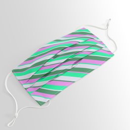 [ Thumbnail: Lavender, Sea Green, Violet & Green Colored Lined Pattern Face Mask ]