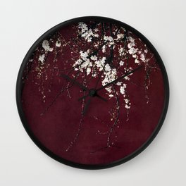 White Blossoms on Ruby Red - Flower photography by Ingrid Beddoes Wall Clock