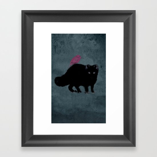 Cat and bird friends! Framed Art Print