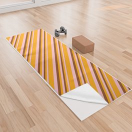 [ Thumbnail: Brown, Pink & Orange Colored Lined/Striped Pattern Yoga Towel ]