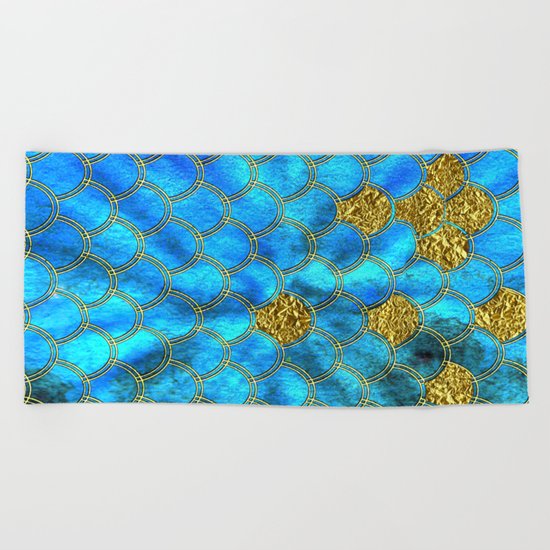 Blue aqua turquoise and gold glitter mermaid scales - Beautiful mermaidscales pattern on #Society6 Beach Towel