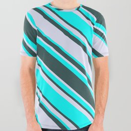 [ Thumbnail: Cyan, Dark Slate Gray & Lavender Colored Striped Pattern All Over Graphic Tee ]