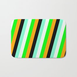 [ Thumbnail: Vibrant Lime, Orange, Black, Aquamarine & Mint Cream Colored Pattern of Stripes Bath Mat ]