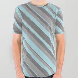 [ Thumbnail: Dark Grey, Powder Blue & Grey Colored Lined Pattern All Over Graphic Tee ]